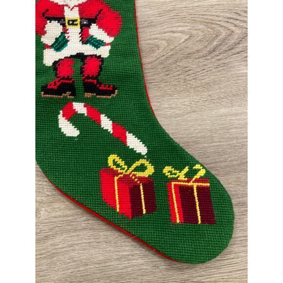 Vintage Hand Knitted Santa Claus Christmas Stocking 17in Green Red Holiday Decor - Picture 8 of 12